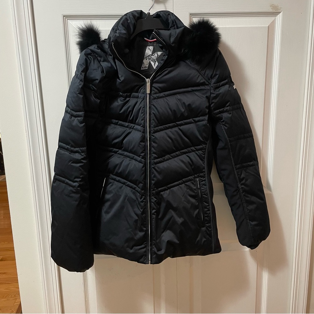 Killy Womens DOWN Puffer SKI Coat Size 10 Black w/Faux Fur Collar Made in France